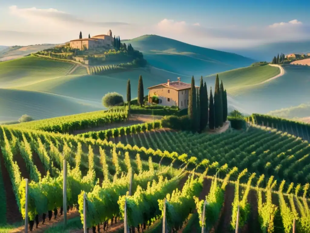 Viñedos de Toscana bajo el sol italiano, con agricultores locales trabajando en estancias sostenibles