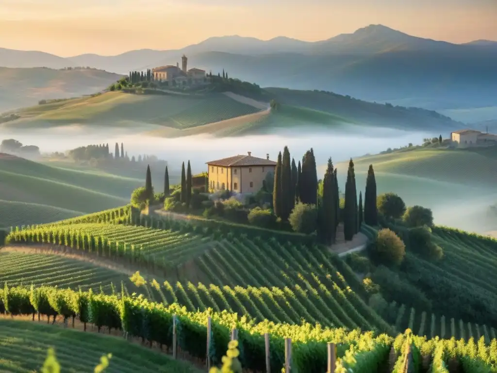 Viñedos toscanos al amanecer, con estancias en viñedos italianos exclusivas, bañados en luz dorada y rodeados de naturaleza serena