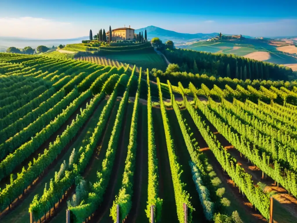 Viñedos verdes y ondulantes en la Toscana, Italia, bajo un cielo azul