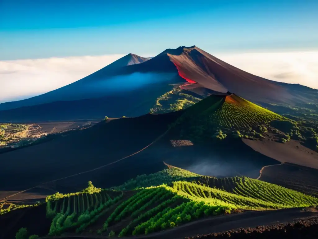 Viñedos verdes en la tierra volcánica de Mount Etna, bajo cielo azul, reflejando la rica historia de vinos de Etna Sicilia cocina