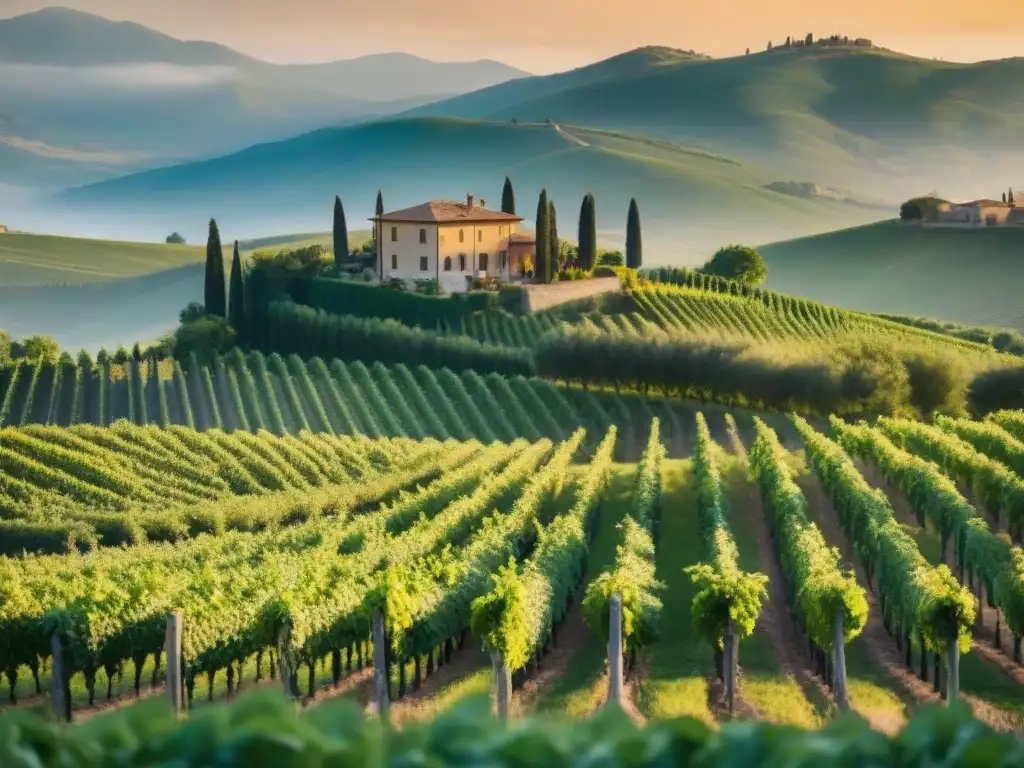 Viñedos verdes en la región de la Toscana al atardecer, con trabajadores cuidando la uva