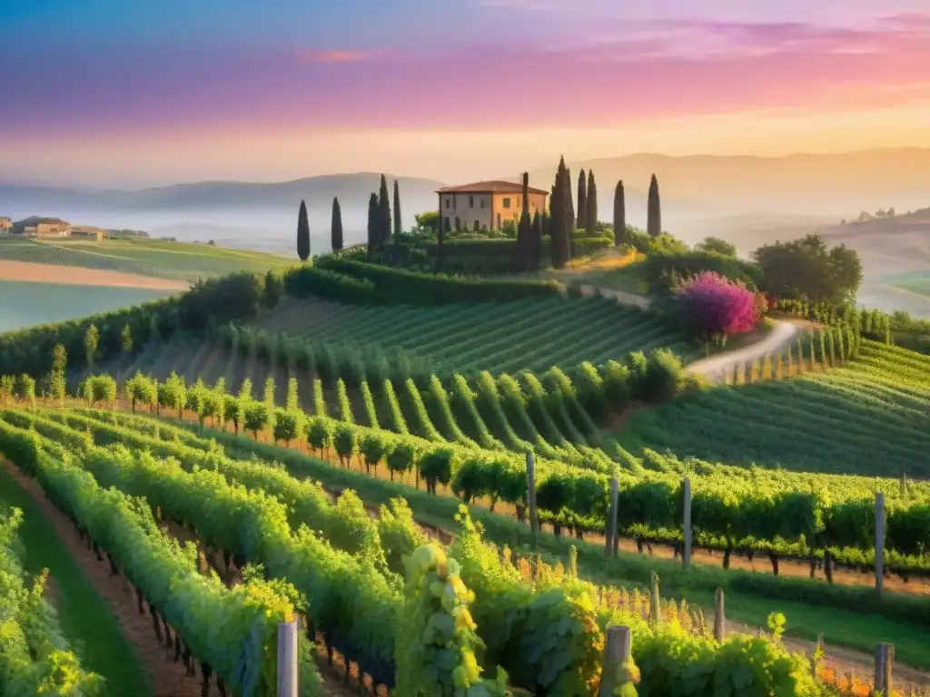 Viñedos vibrantes de Toscana al atardecer, con uvas verdes bajo un cielo colorido