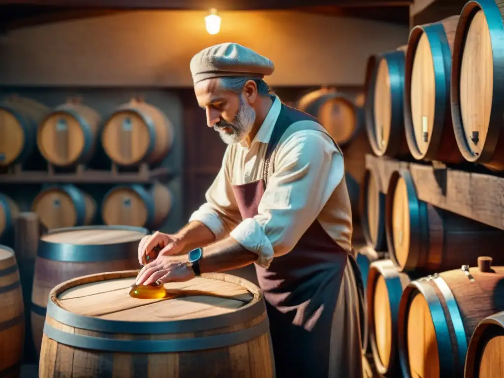 Un vinicultor italiano examina con cuidado un barril de vino fermentando en una bodega iluminada, reflejando años de experiencia y dedicación