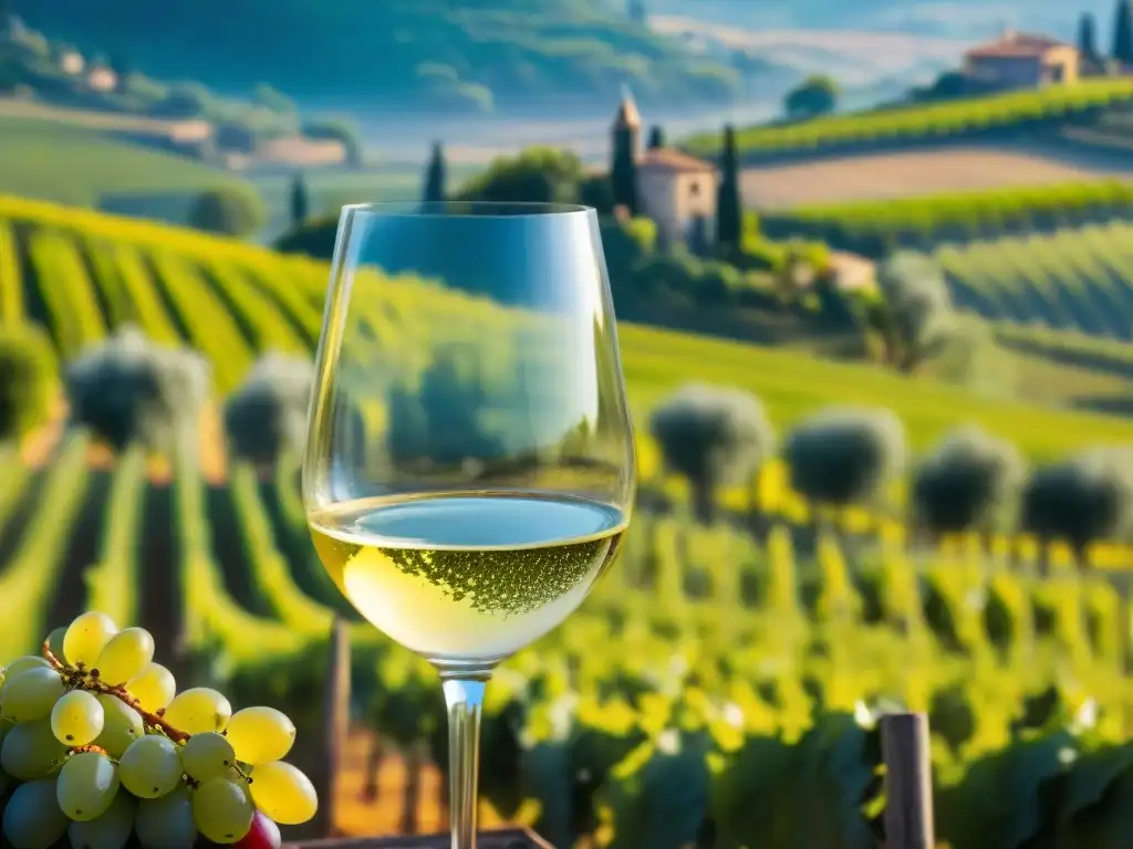 Un vino blanco Soave refrescante en un entorno de viñedos verdes