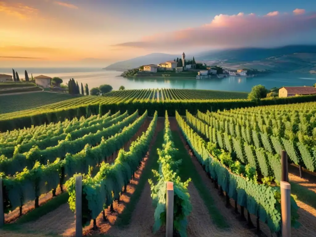 Vino italiano arte pintura: viñedo al atardecer, artistas pintando la belleza de la escena en lienzo