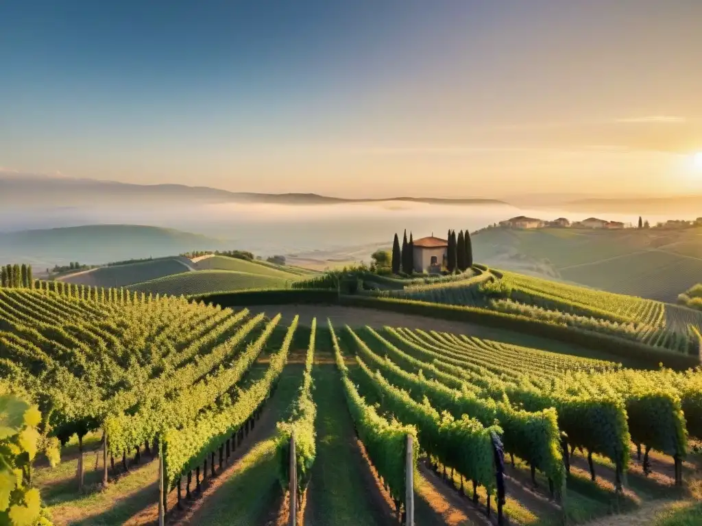 Vinos espumosos norte Italia: Atardecer dorado sobre viñedos ordenados, exudando tranquilidad y encanto rústico