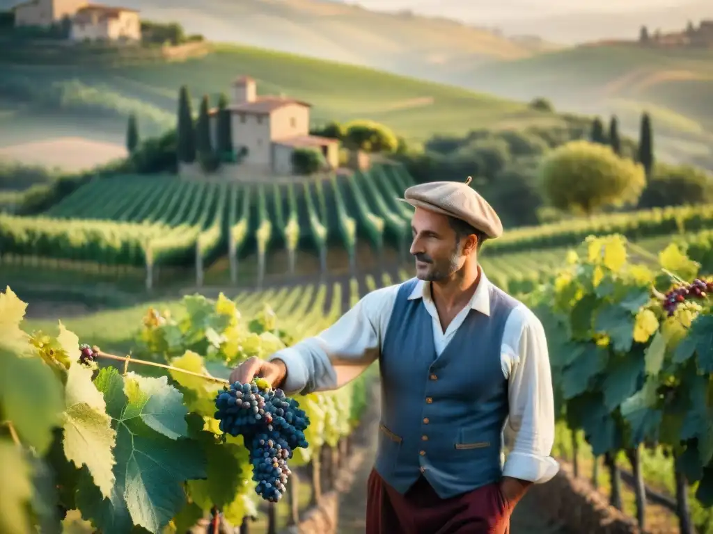 Vinos italianos auténticos agroturismo: Viticultores locales recogen uvas Sangiovese bajo el sol toscano, rodeados de viñedos y paisajes rurales