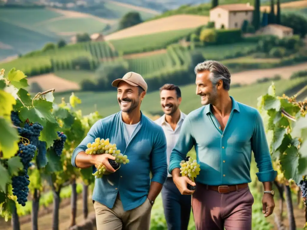 Vinos italianos éticos bodegas líderes: Viticultores en Toscana cosechando uvas bajo el sol, transmitiendo pasión y comunidad