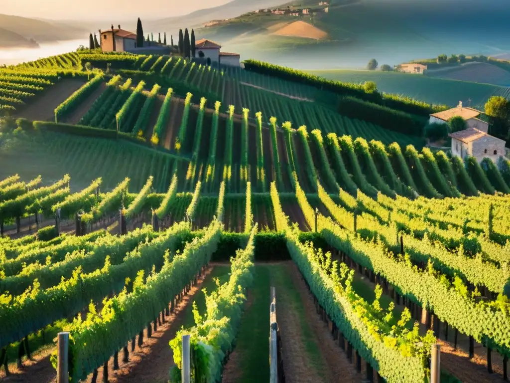 Vinos italianos con historia única: viñedo tradicional al atardecer, filas de uvas bajo la cálida luz dorada