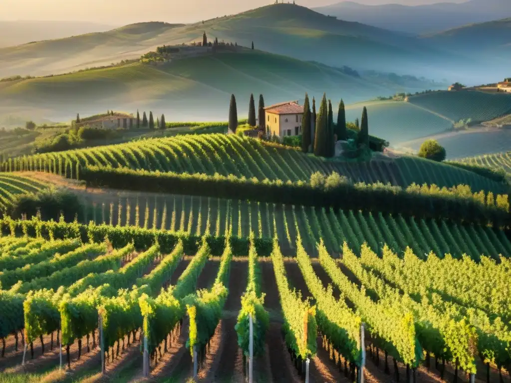 Vinos italianos con historia única: Viñedo en Toscana al atardecer, con campesinos y casa de piedra