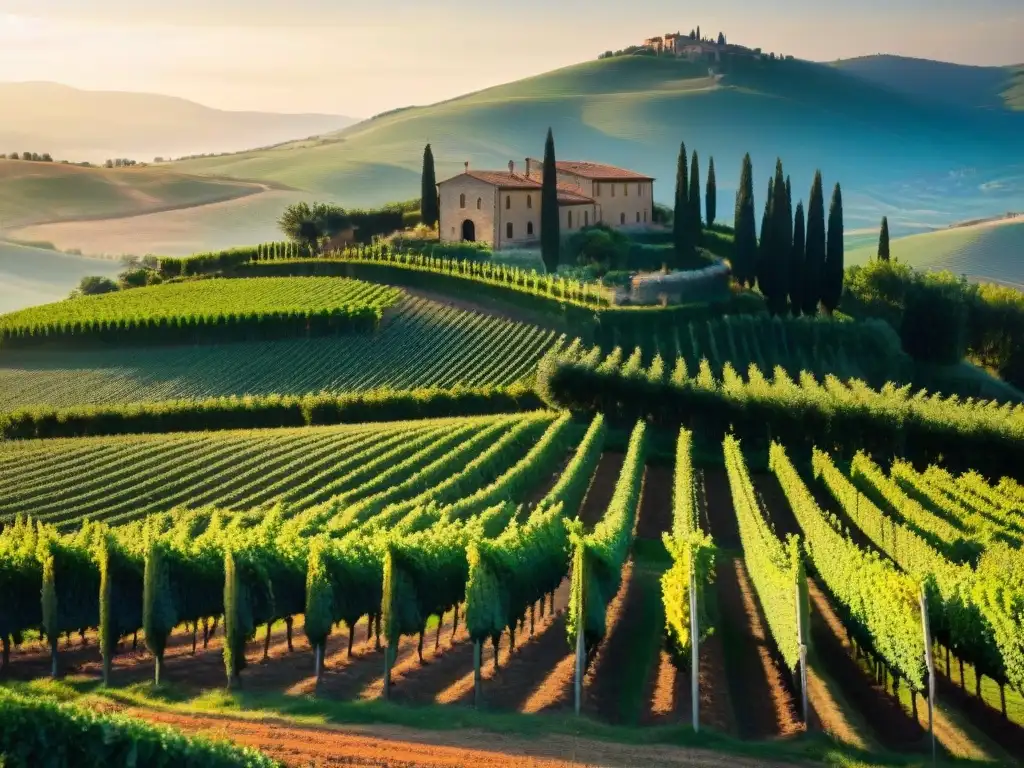 Vinos italianos DOP e IGP: Viñedo en Toscana bañado por la cálida luz dorada de la tarde, resaltando las hileras de viñedos y edificaciones de piedra