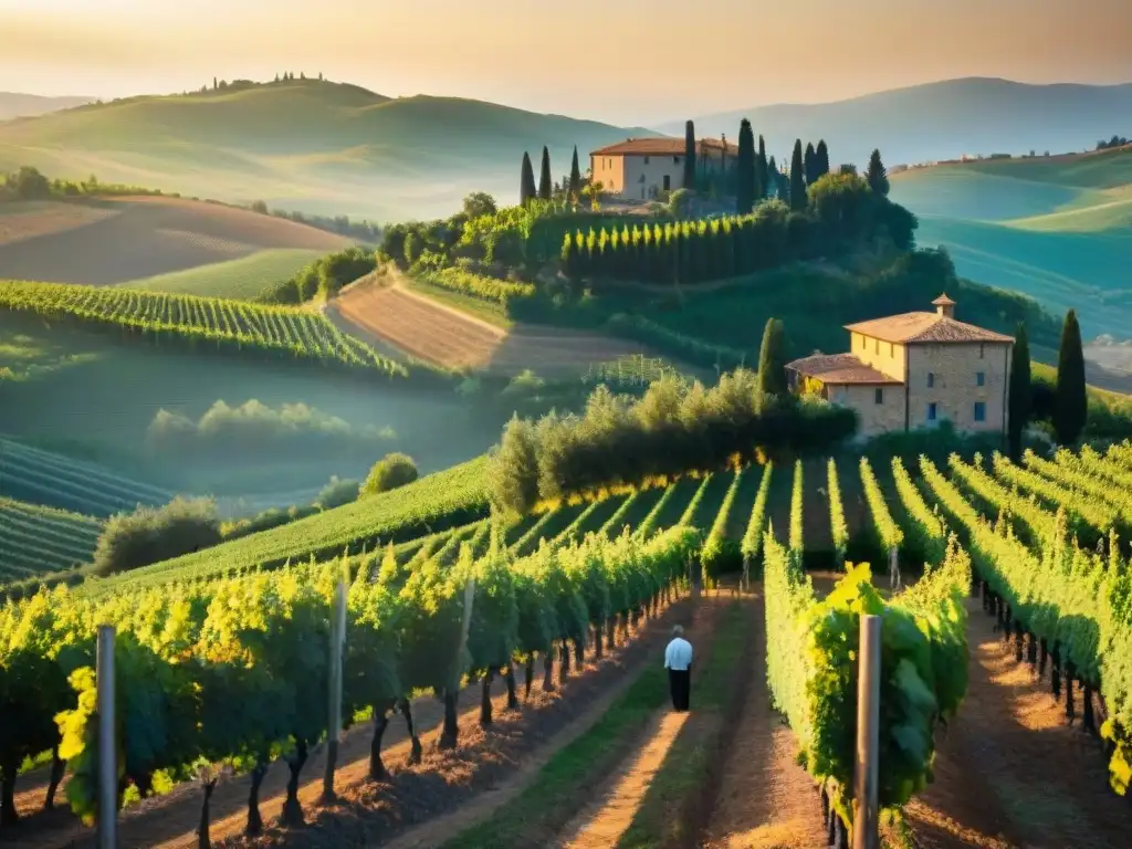 Vinos italianos DOP e IGP: Viticultores italianos cosechando uvas en los viñedos de la Toscana al atardecer