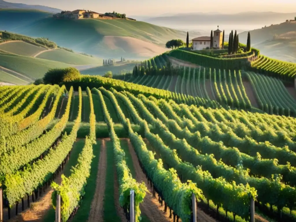 Vinos italianos taller certificado viña: Bella viña toscana al amanecer, con filas de vides verdes bajo la cálida luz dorada