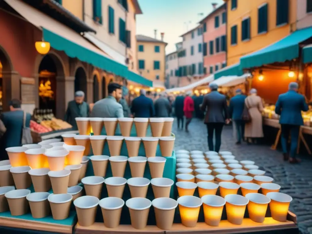 Vinos italianos en vasos de papel en un bullicioso mercado callejero de Italia