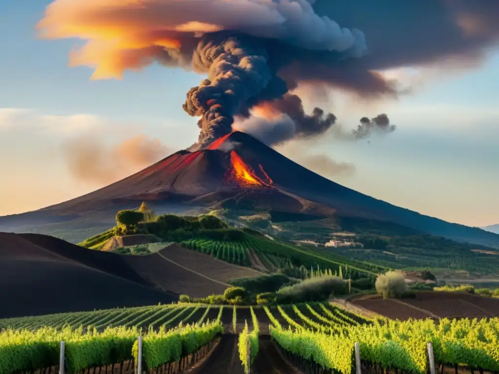 Vinos de Etna Sicilia cocina: El majestuoso Monte Etna iluminado por el sol poniente, reflejando su calidez en los viñedos exuberantes a sus pies