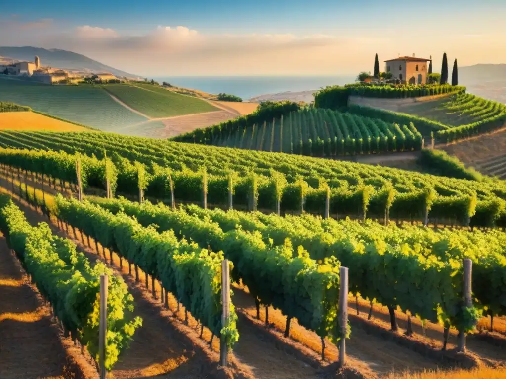 Vinos del Sur de Italia: Viñedos dorados al atardecer, listos para la cosecha, con bodega tradicional al fondo