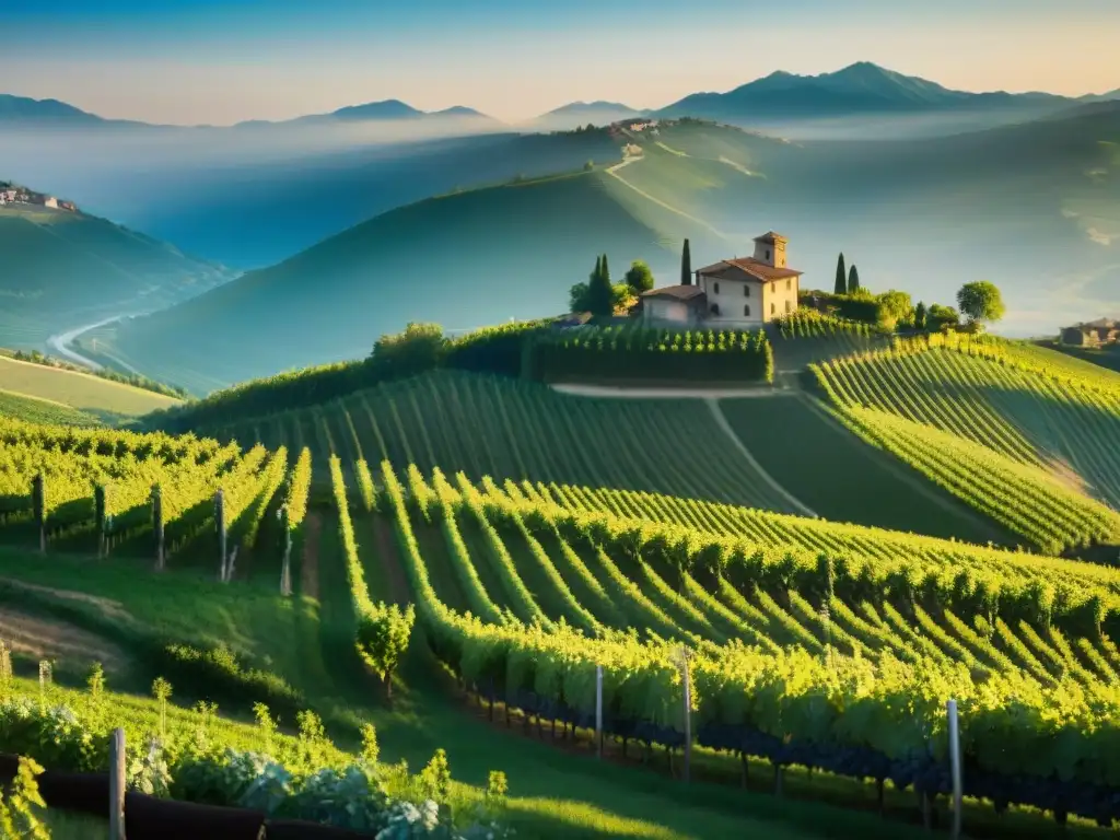 Vinos tradicionales Piemonte Italia: Atardecer dorado sobre viñedos y bodegas antiguas en Italia, transmitiendo tranquilidad y tradición enológica