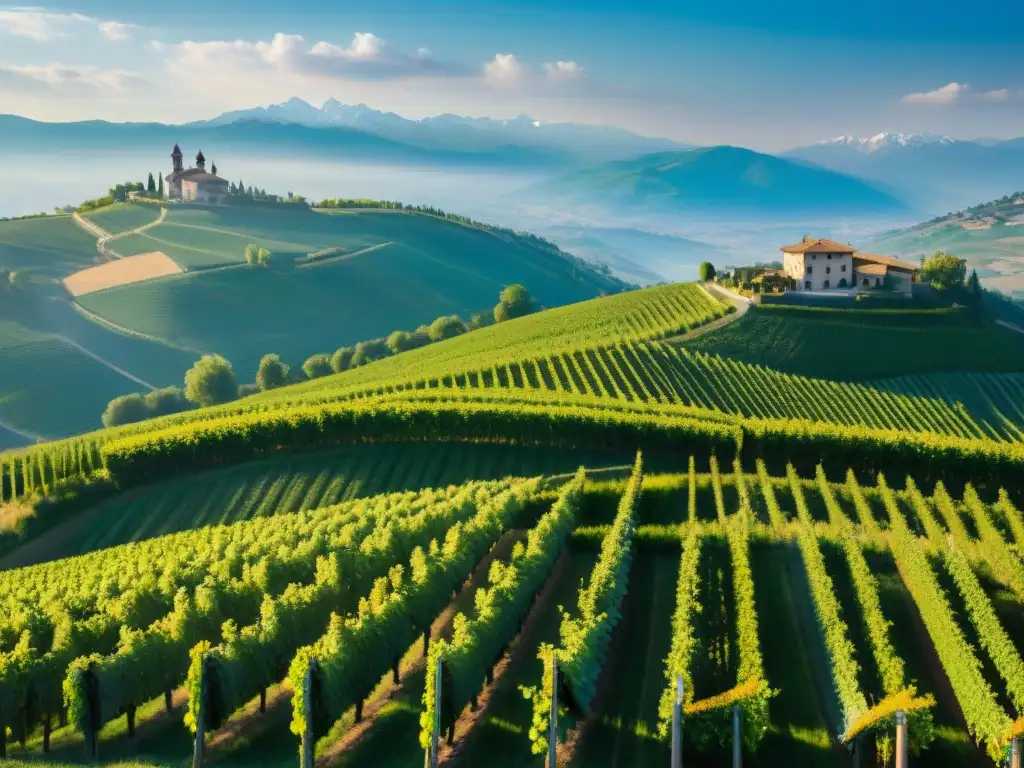 Vinos tradicionales Piemonte Italia: Viñedos ordenados bajo el cálido sol italiano, con los Alpes nevados de fondo