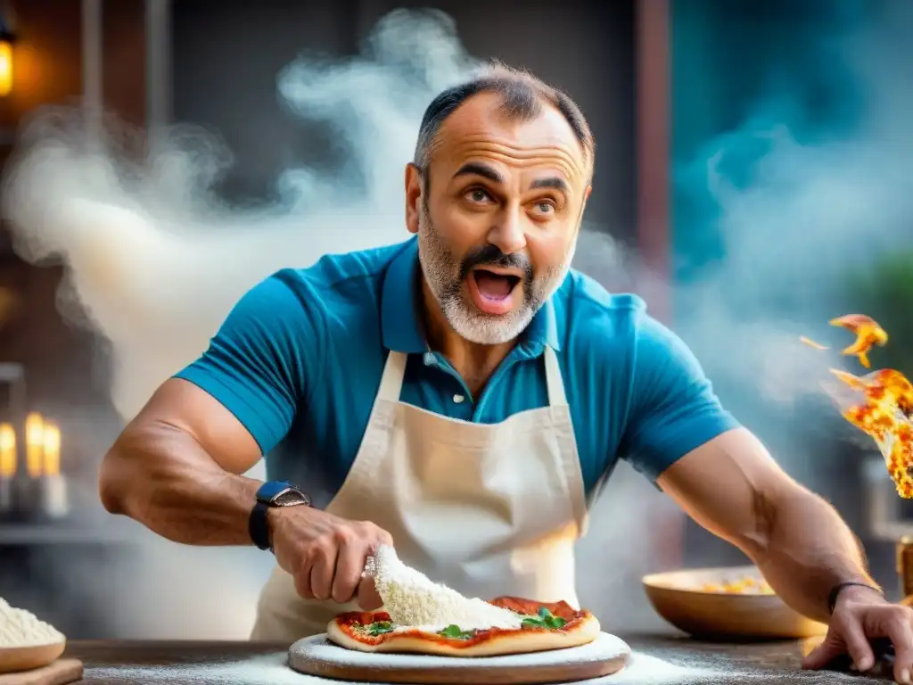 Gabriele Bonci, visionario del arte de la pizza, expertamente lanzando masa al aire con harina suspendida a su alrededor