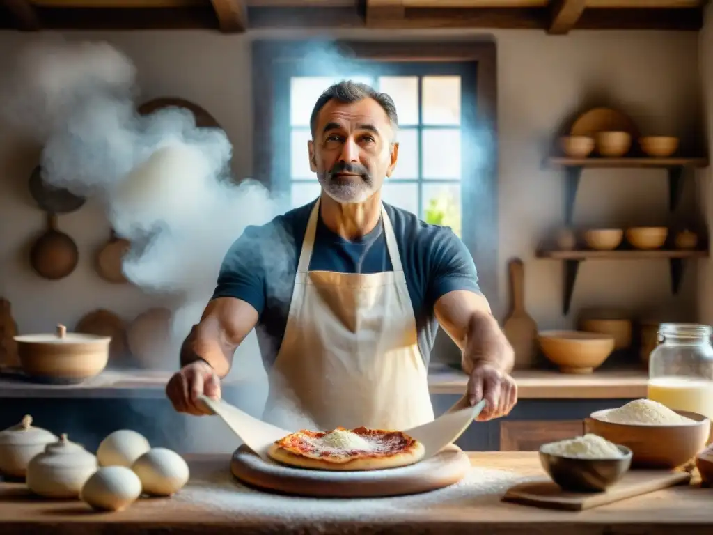 Gabriele Bonci, visionario del arte de la pizza, moldea la masa con pasión en una cocina rústica mientras la luz del sol ilumina su experticia