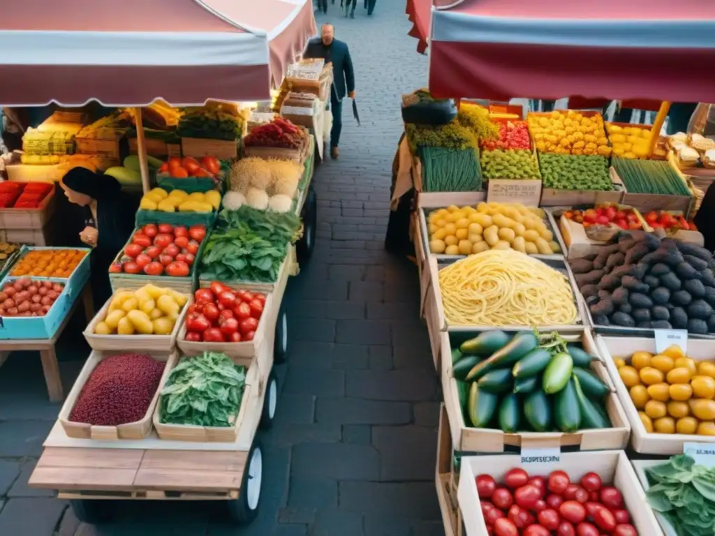 Vista aérea de un bullicioso mercado italiano en el extranjero, con una colorida variedad de alimentos frescos y delicias tradicionales