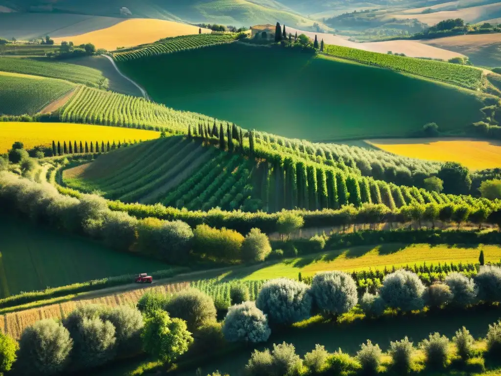 Vista aérea de la campiña italiana al atardecer con viñedos, olivares y granjas