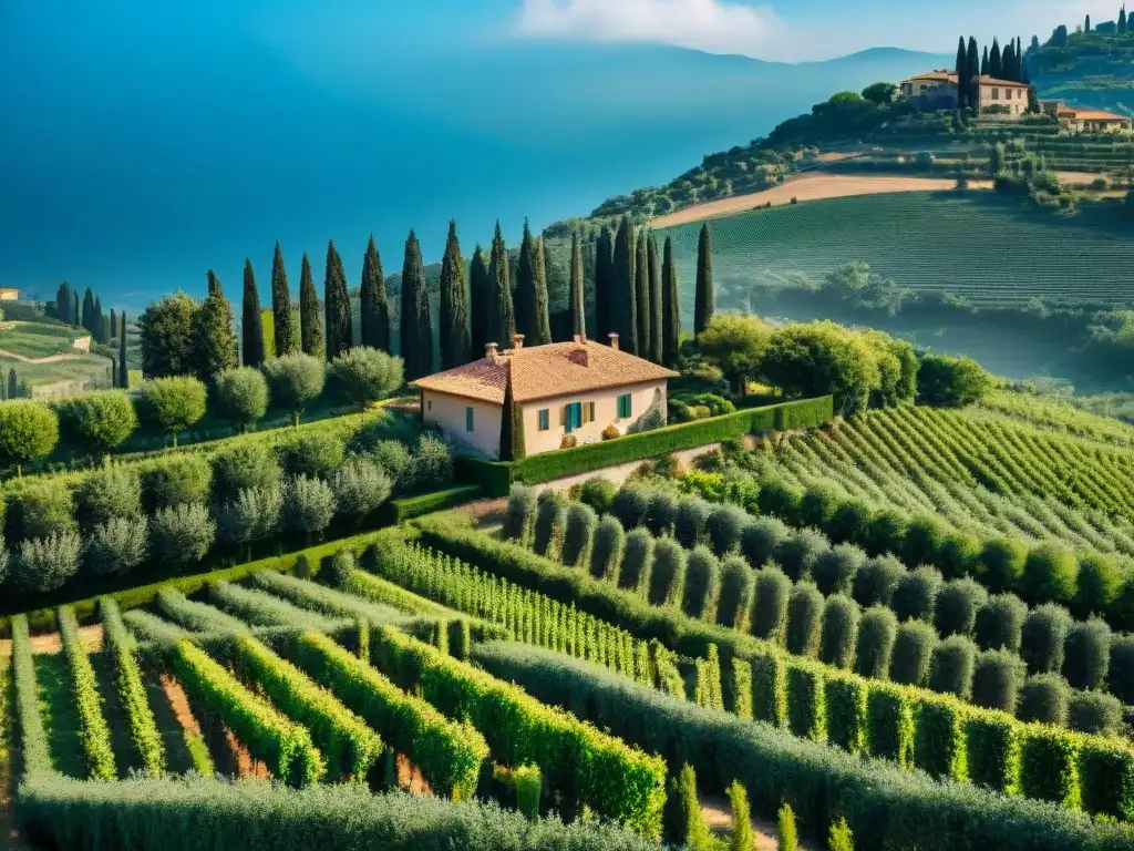 Vista aérea de la campiña italiana con viñedos y olivares, una villa tradicional y cipreses