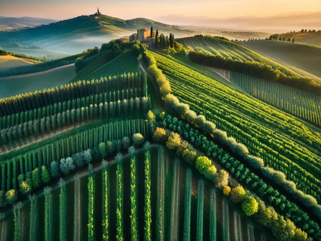 Vista aérea de colinas de la Toscana, viñedos y olivares en patrones geométricos