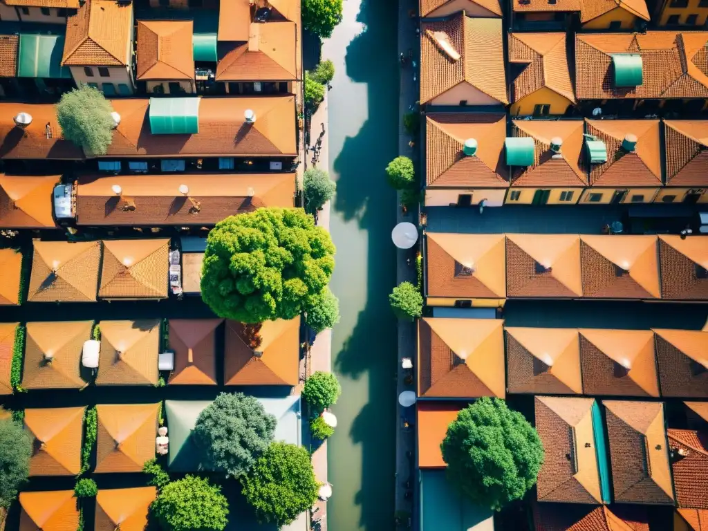 Vista aérea impresionante de Boloña, Italia, con tejados terracota, calles empedradas y bulliciosos mercados al aire libre