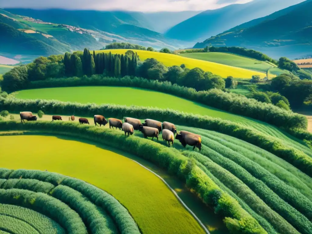 Vista aérea impresionante de la campiña italiana con búfalos pacíficamente pastando