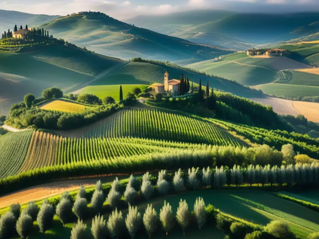 Vista aérea impresionante de colinas de la Toscana con viñedos y olivares