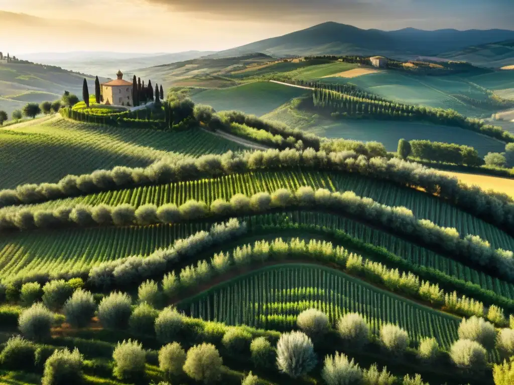 Una vista aérea impresionante de las colinas de la Toscana, Italia, con interminables olivares verdes bajo la luz dorada del sol