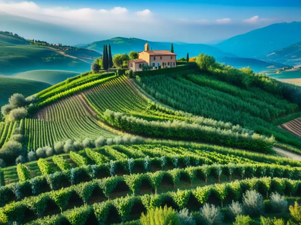 Vista aérea impresionante de colinas verdes en Italia con viñedos y olivares, casa rural y jardines exuberantes