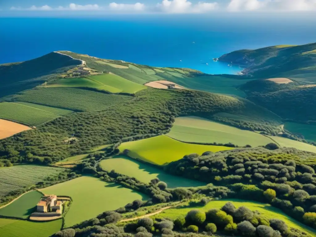 Vista aérea impresionante de las escarpadas tierras de Cerdeña con ruinas antiguas, pastos verdes y el mar Mediterráneo, hogar del pecorino sardo