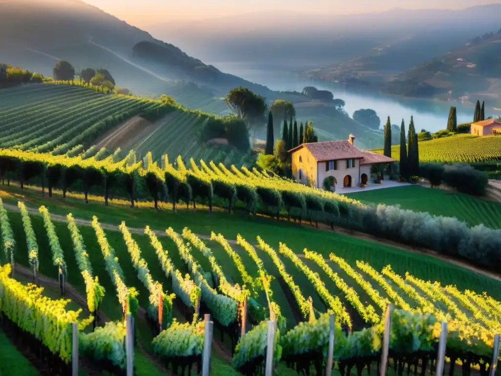 Una vista aérea impresionante de una exclusiva estancia en viñedos italianos al atardecer, con viñedos vibrantes y edificios de piedra elegantes