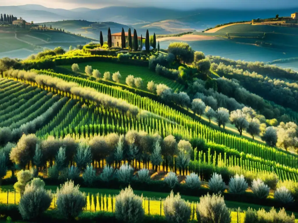 Vista aérea impresionante de olivares en colinas de Toscana al atardecer