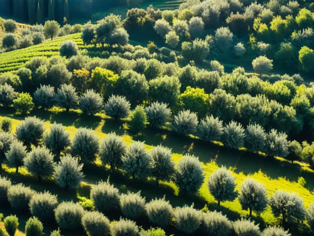 Vista aérea impresionante de olivares en las colinas de Toscana, Italia