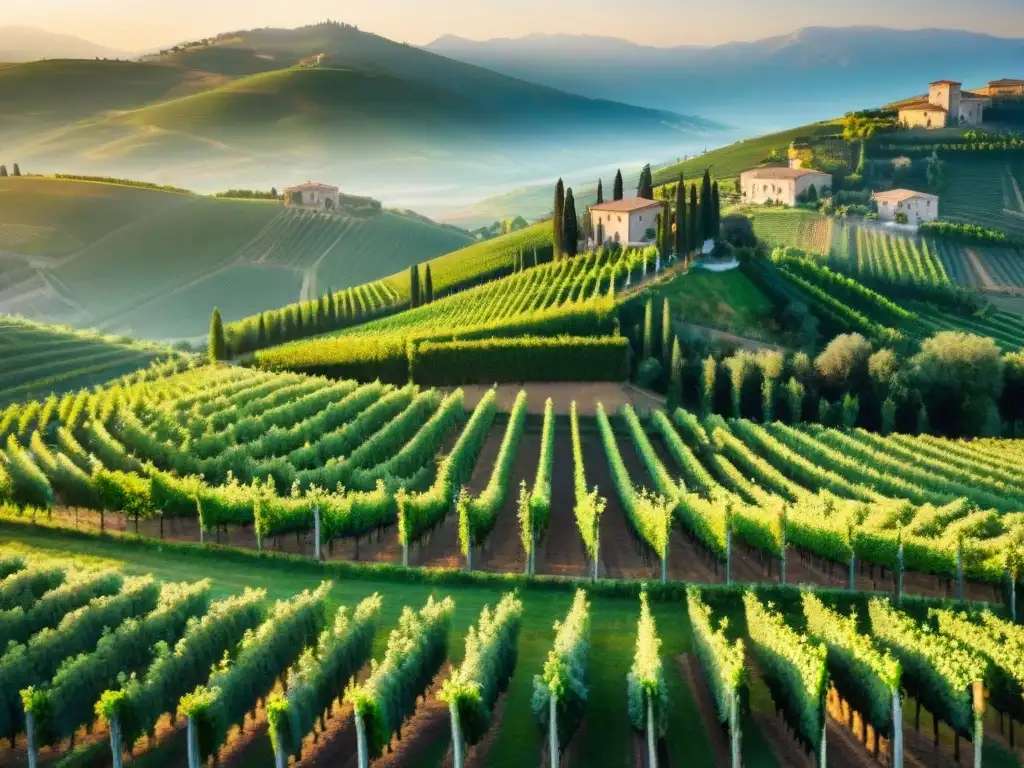 Vista aérea impresionante de un viñedo italiano pintoresco al atardecer