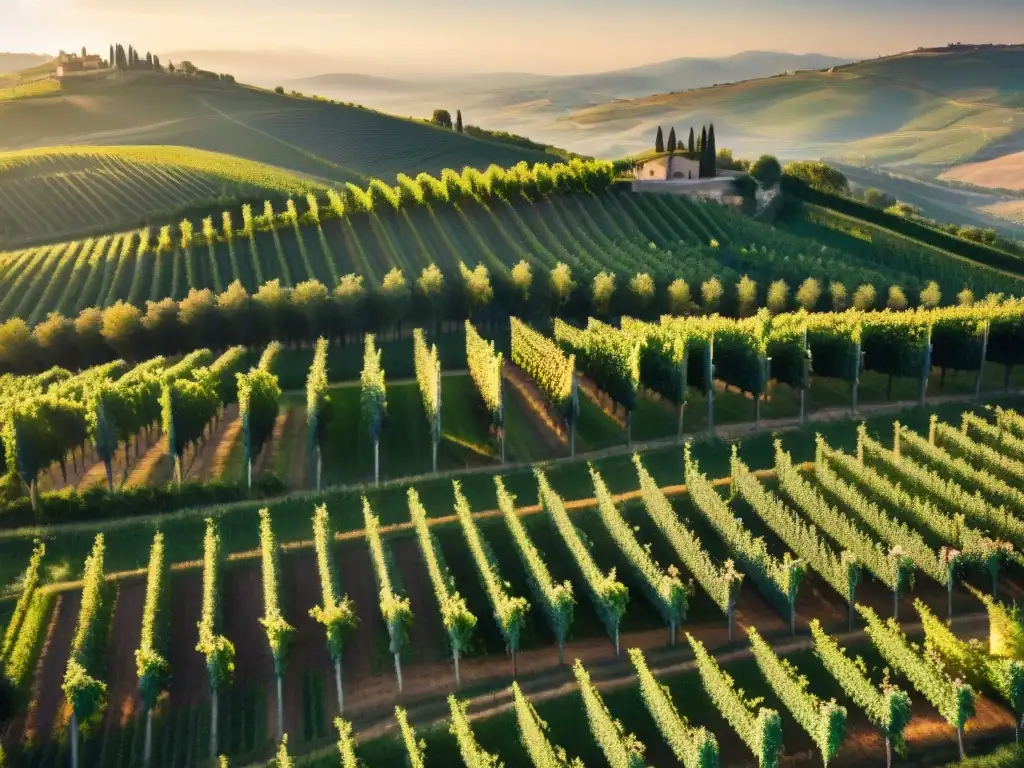 Una vista aérea impresionante de viñedos en colinas de Italia al atardecer