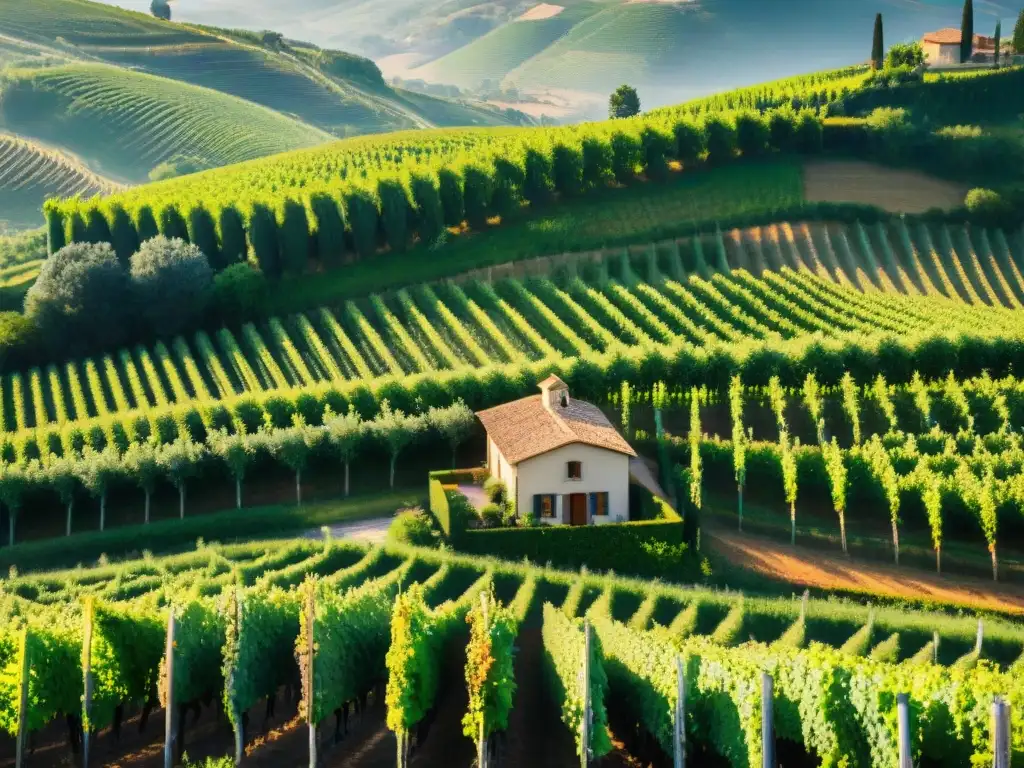 Vista aérea impresionante de viñedos en colinas italianas bajo el sol dorado, con filas de uvas en patrones geométricos, y una casa rústica al fondo