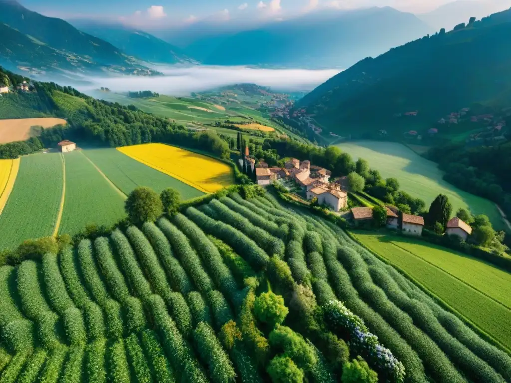 Vista aérea de Lombardía, con valles verdes, colinas y pueblos entre montañas