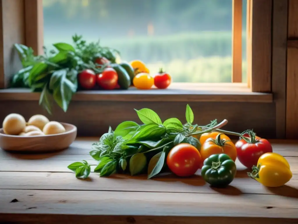 Vista aérea de una mesa de madera en cocina campesina italiana con ingredientes frescos y rústicos