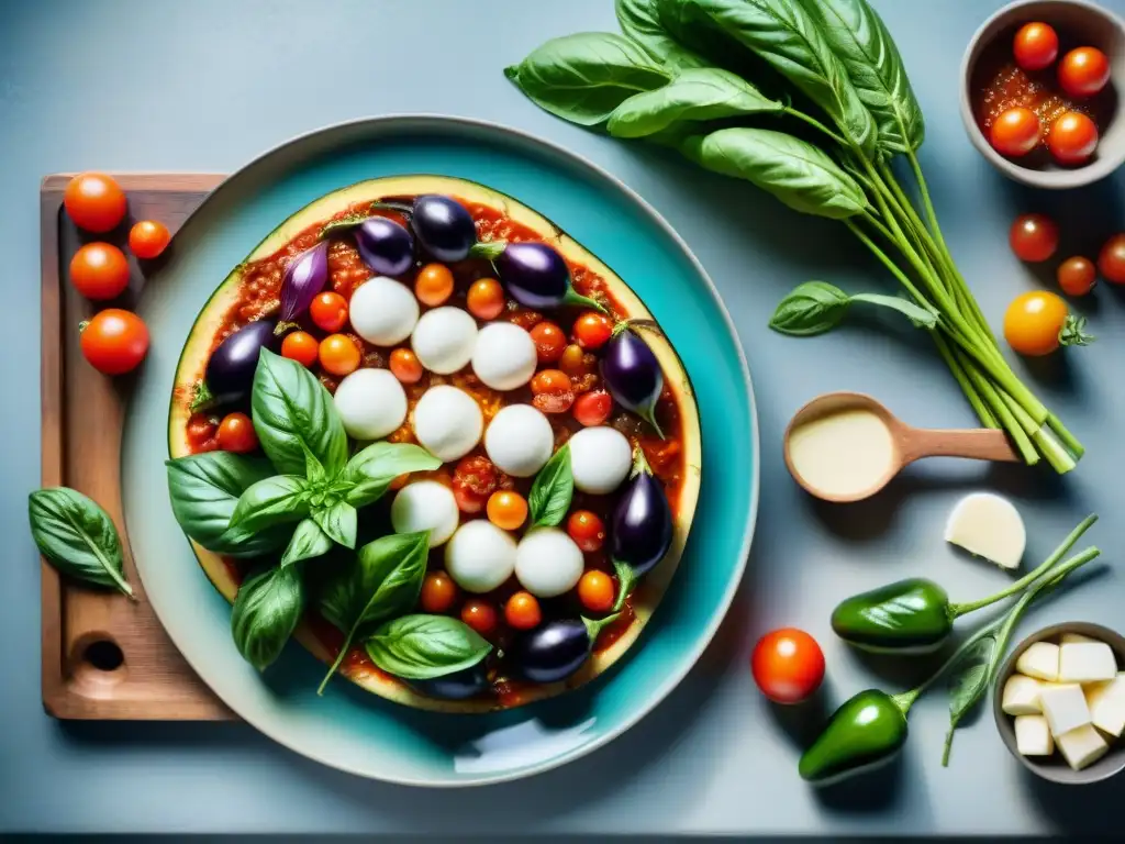 Una vista aérea de una mesa rústica con ingredientes para la receta tradicional parmigiana de berenjena