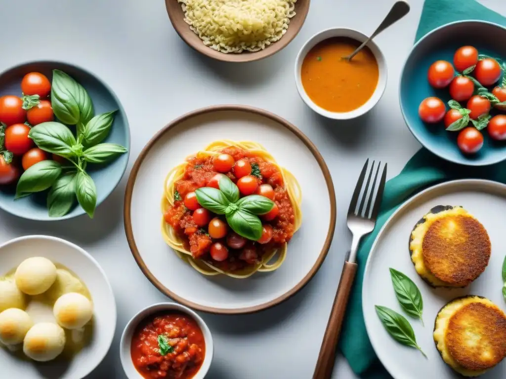 Una vista aérea de una mesa rústica con platos tradicionales de cocina italiana en una bulliciosa cocina