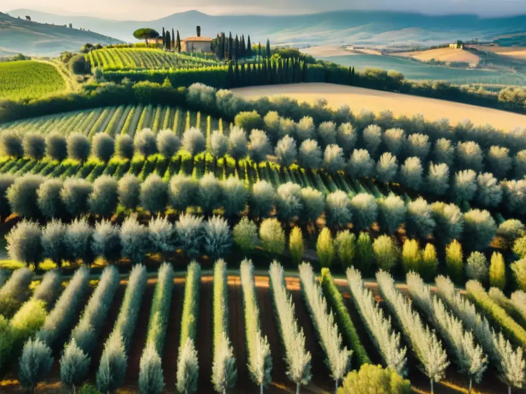 Vista aérea de olivares en Toscana, Italia, con hileras de árboles de olivo bajo la cálida luz dorada de la tarde