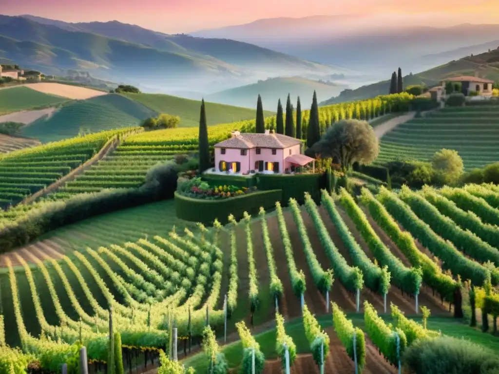 Vista aérea de viñedos italianos de lujo al atardecer con villa histórica y jardines en colinas