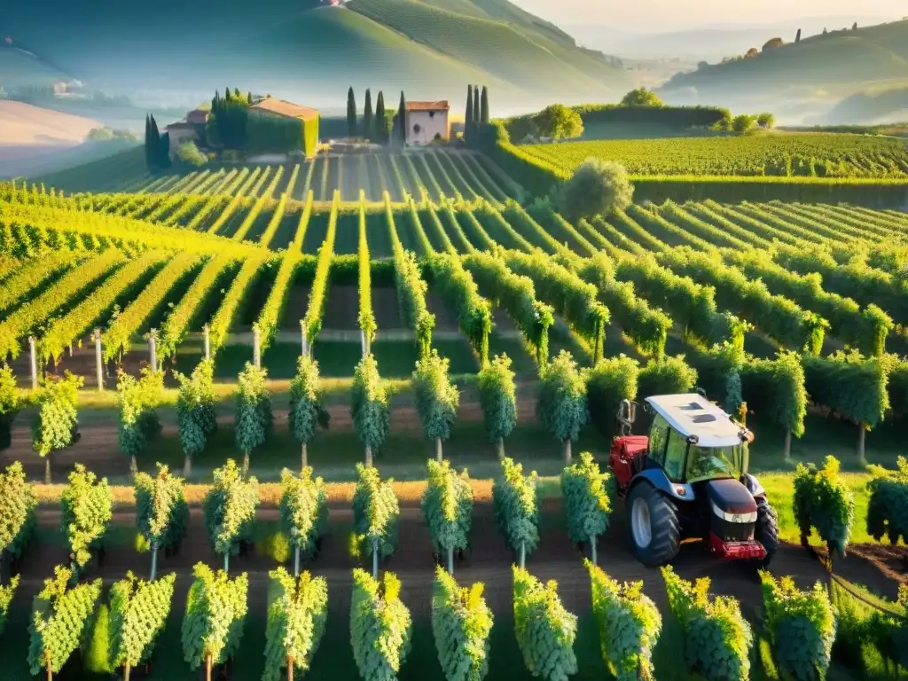 Vista aérea de viñedos en Modena, Italia, bañados en luz dorada con fábrica de Vinagre Balsámico Módena IGP en colinas