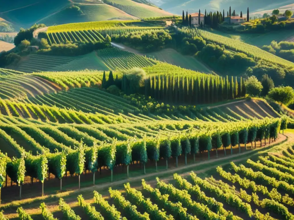 Vista aérea de viñedos en Toscana, Italia, con patrones de uvas y colinas