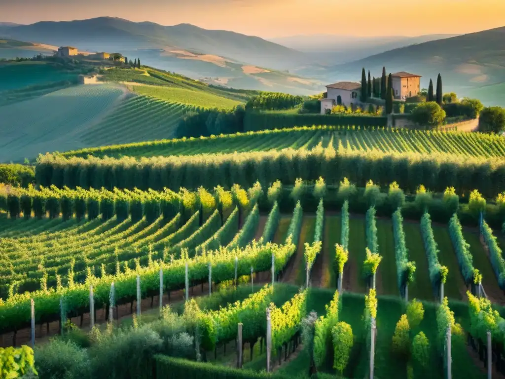 Vista aérea de viñedos verdes en colinas de Umbria, Italia al atardecer, con spa de lujo y huéspedes relajándose en bañeras al aire libre