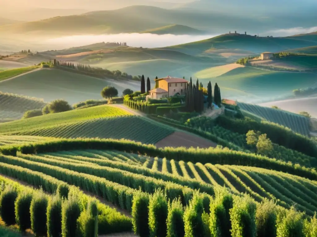 Vista de campo orgánico en Toscana al atardecer